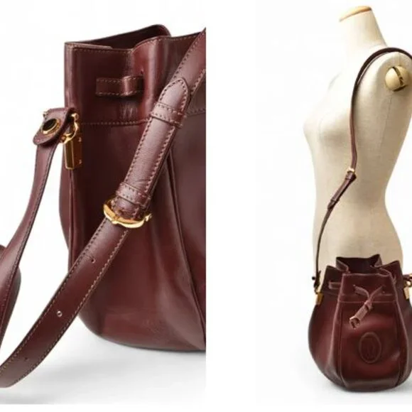 Cartier Shoulder Bag Must Line Vintage Drawstring Bag Crossbody Leather - Picture 3 of 10